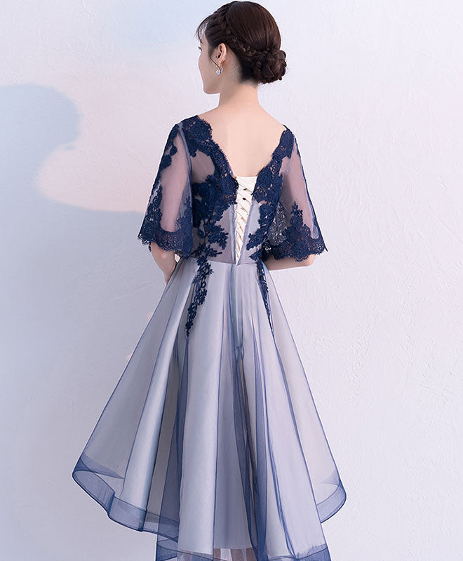 Blue Lace Tulle Short Prom Dress, Blue Lace Homecoming Dress