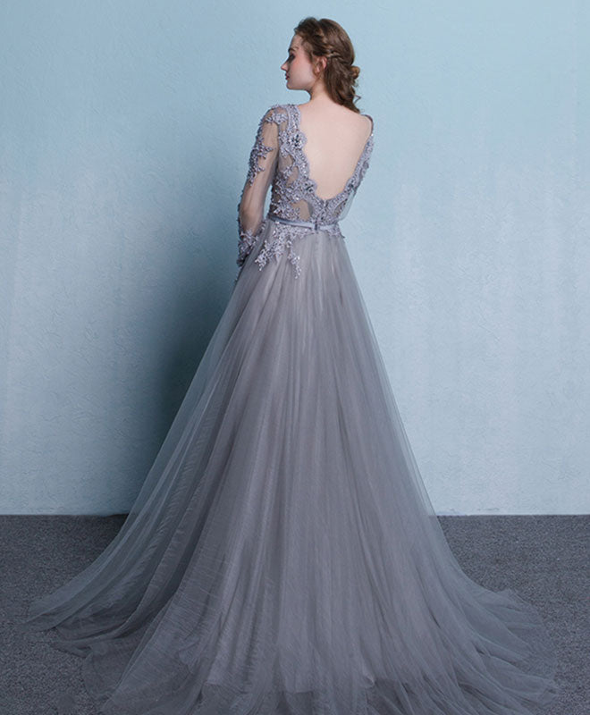 Gray Round Neck Lace Tulle Long Prom Dress, Gray Lace Evening Dress