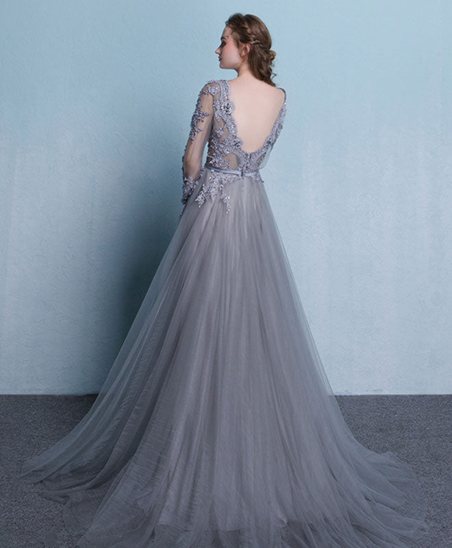 Gray Round Neck Lace Tulle Long Prom Dress, Gray Lace Evening Dress US 16 / Gray Gray Round Neck Lace Tulle Long Prom Dress, Gray Lace Evening Dress US 16 / Gray