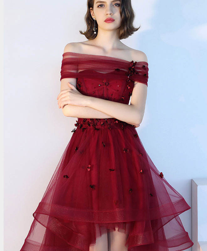 Burgundy Tulle Lace Short Prom Dress, Burgundy Tulle Evening Dress