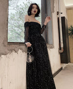Black Tulle Long Prom Dress, Shiny Black Tulle Evening Dress