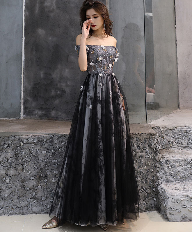 Black Tulle Lace Long Prom Dress, Black Tulle Evening Dress