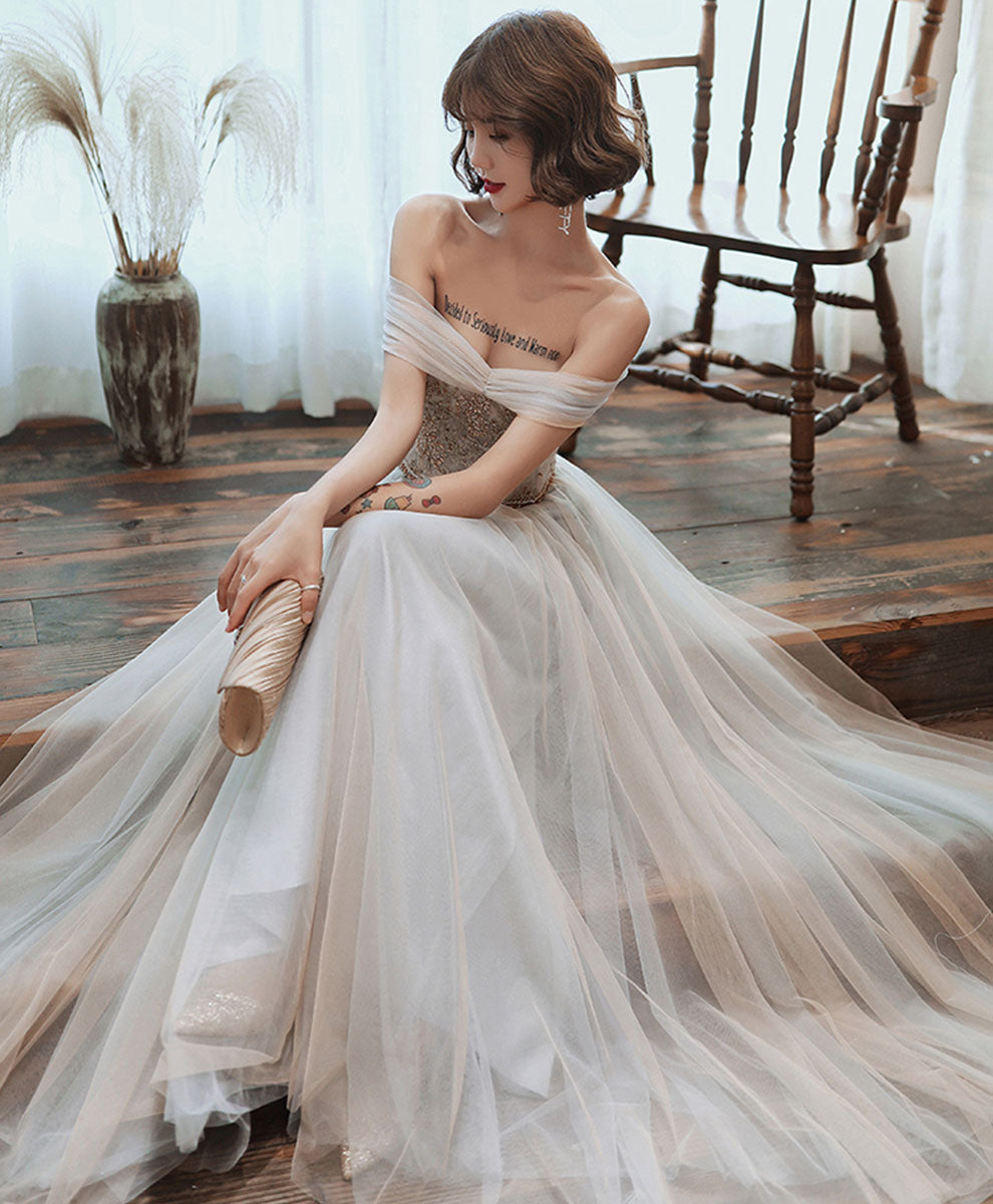 Gray Tulle Lace Long Prom Dress Tulle Lace Formal Dress