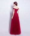 Burgundy Tulle Lace Applique Long Prom Dress, Burgundy Bridesmaid Dress