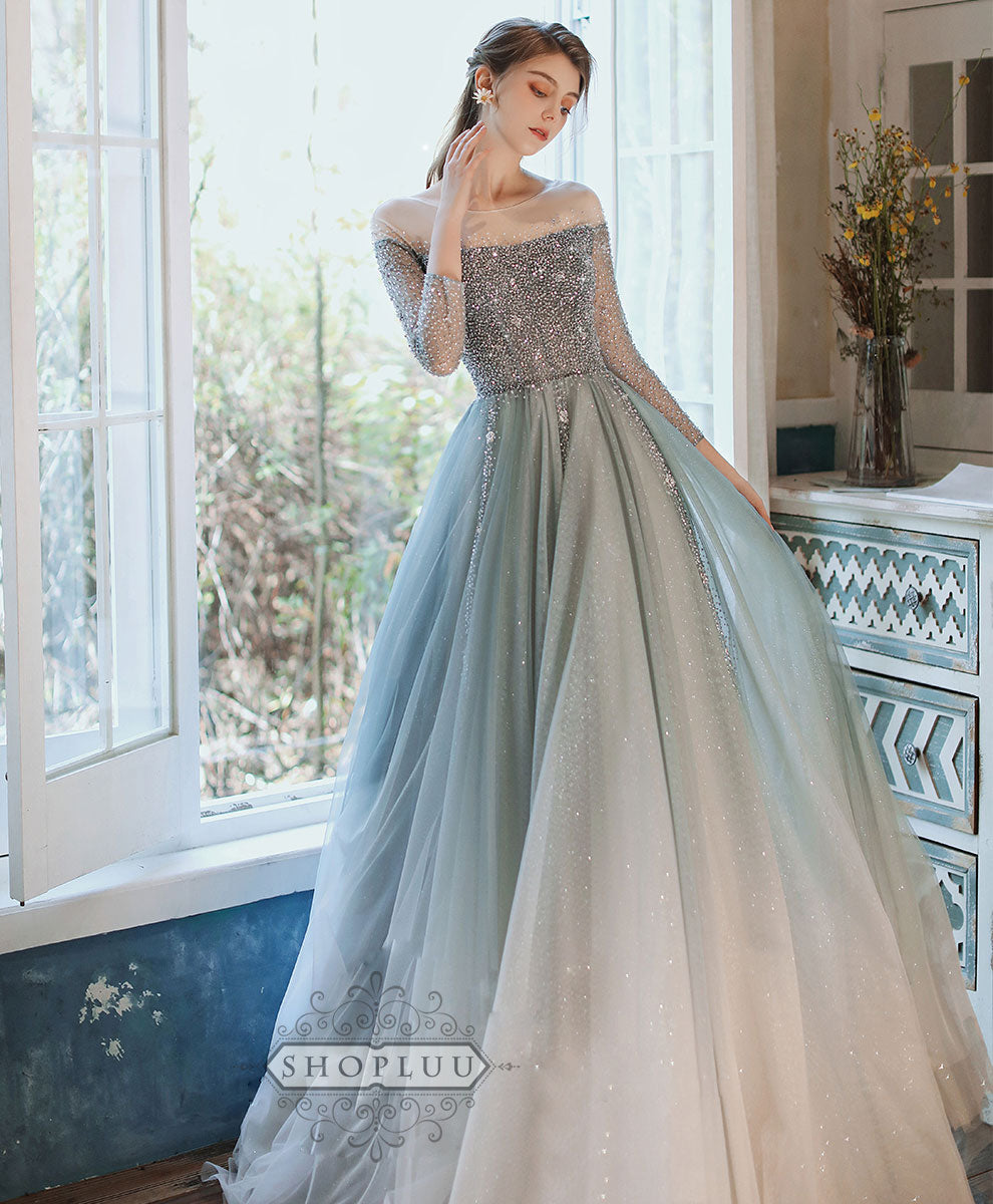A-Line Tulle Sequin Long Prom Dress Tulle Formal Dress