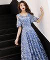 Blue V Neck Lace Long Prom Dress, Blue Evening Dress