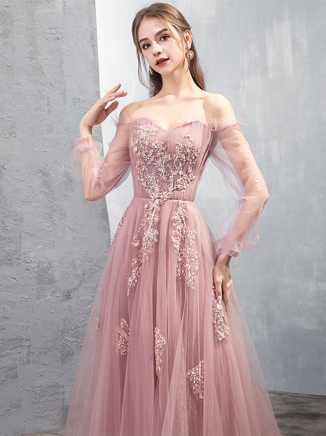Pink A-line Tulle Lace Long Prom Dress Pink Lace Evening Dress