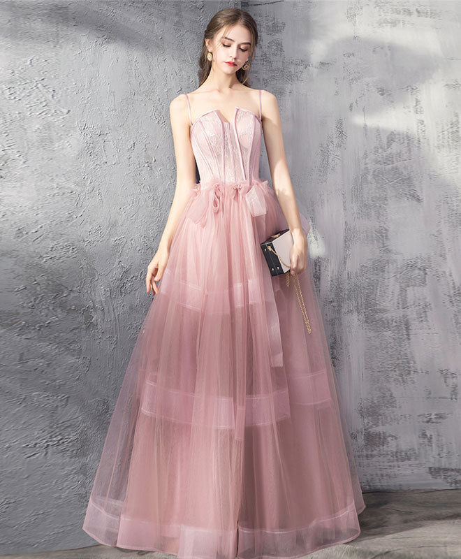 Pink Tulle Lace Long Prom Dress, Pink Evening Graduation Dress