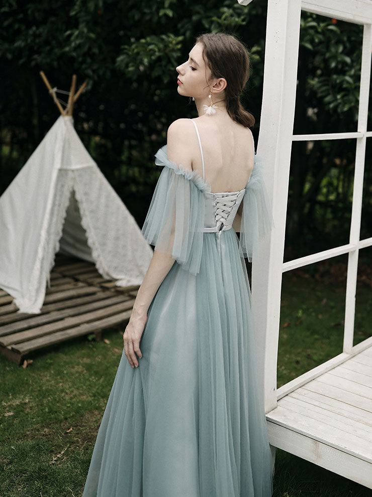 Simple A line Green Tulle Long Prom Dress, Green Tulle Bridesmaid Dresses