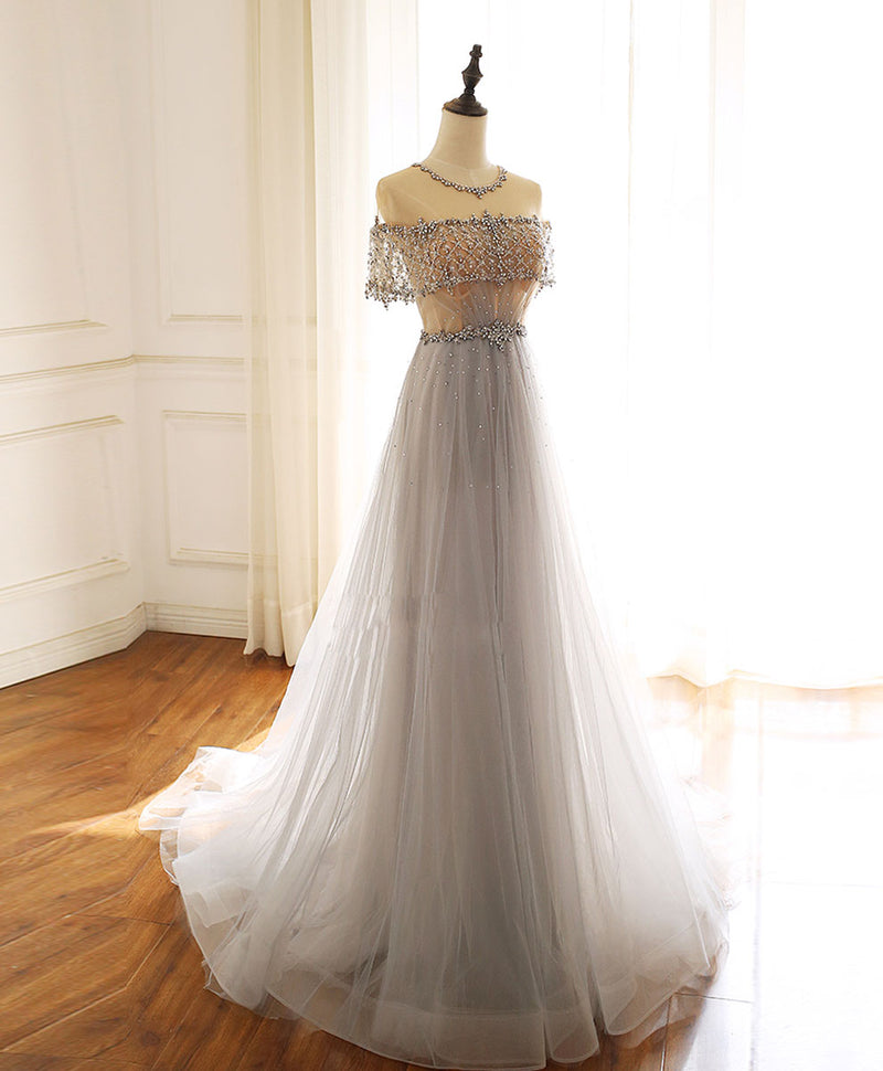Gray Round Neck Tulle Beads Long Prom Dress Forma Graduation Dresses US 10 / Gray Gray Round Neck Tulle Beads Long Prom Dress Forma Graduation Dresses US 10 / Gray