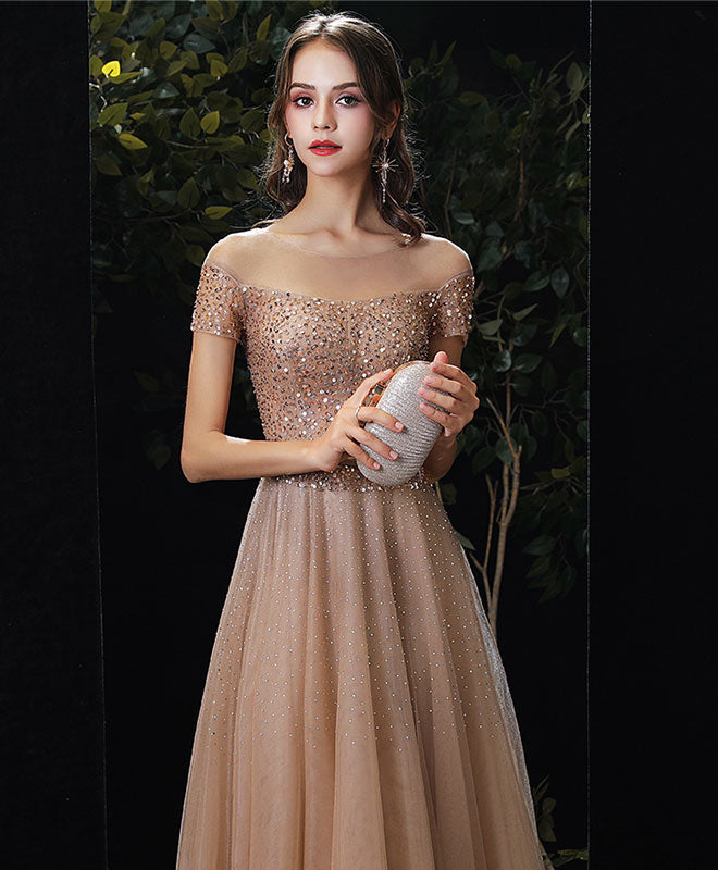 Champagne Tulle Sequin Long Prom Dress, Champagne Tulle Formal Graduation Dress