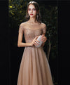 Gold Tulle Sequin Long Prom Dress, Champagne Tulle Formal Graduation Dress