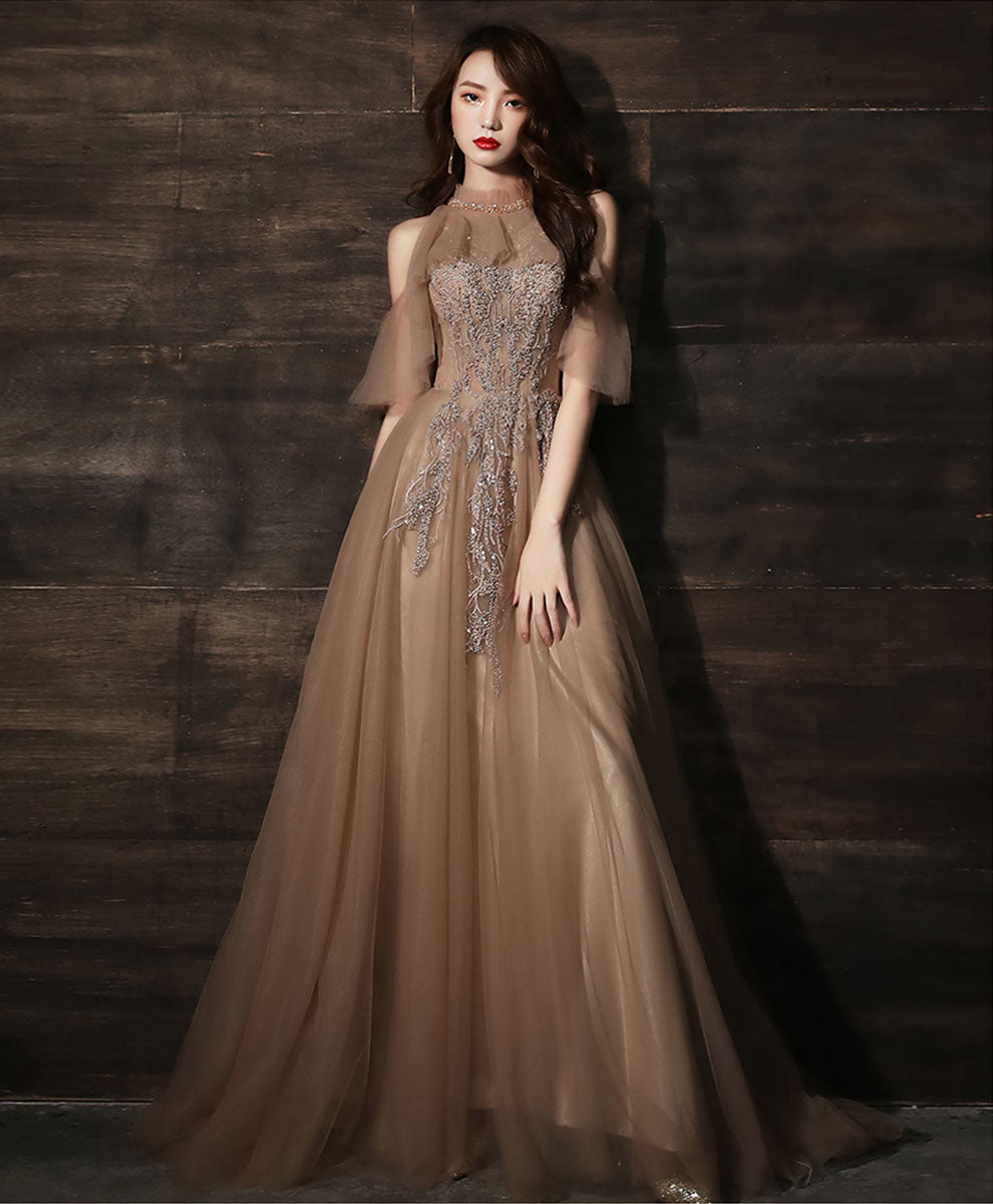 Champagne High Neck Lace Prom Dress, Champagne Lace Formal Dress