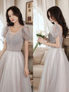 Gray V Neck Tulle Beads Long Prom Dress, Gray Aline Formal Dress