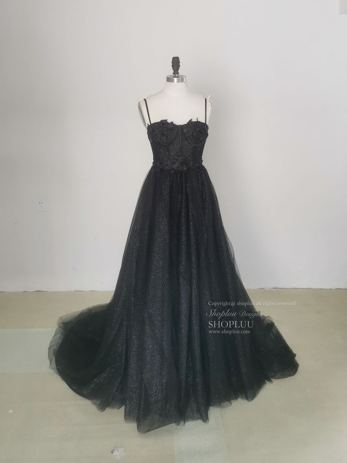 Black A line Sweetheart Tulle Sequin Long Prom Dress, Black Graduation Dresses