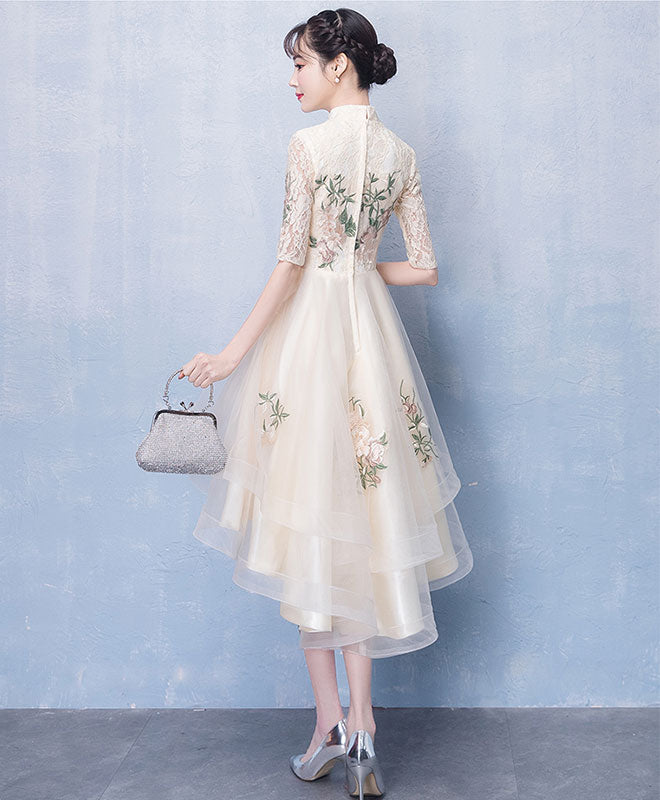 A-Line Champagne Tulle Lace Applique Prom Dress, Evening Dress