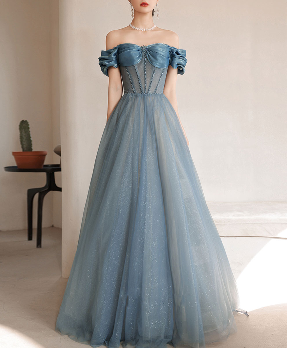 Blue Sweetheart Off Shoulder Tulle Long Prom Dress Blue Formal Dress