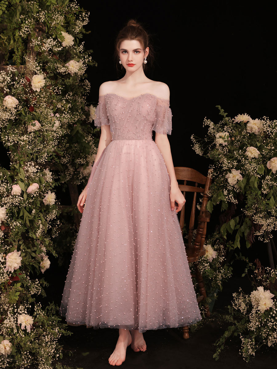 Pink Off The Shoulder Tea Length Floral Prom Dress Pink Off The Shoulder Tea Length Floral Prom Dress