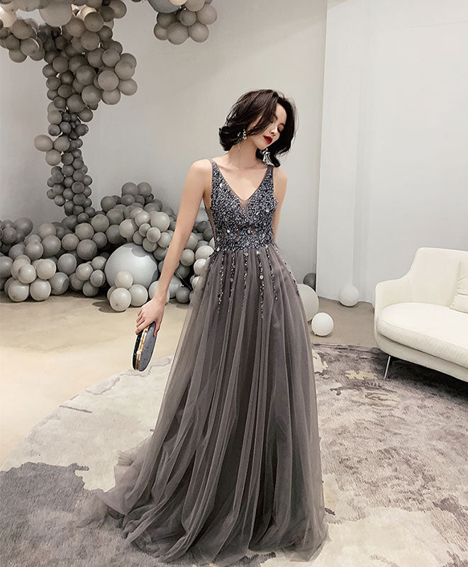 dark grey dress Gray Sequin Beads Long Prom Backless Evening Dress US 16 / Dark Gray Gray Formal Dress Dark Grey Satin Dress -