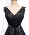 Black V Neck Tulle Lace Long Prom Dress Black Evening Dress