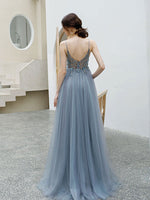 Gray blue v neck tulle beads long prom dress, gray tulle formal dress