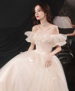 Champagne Long Prom Dress, A line Tulle Formal Graduation Dress with Butterfly