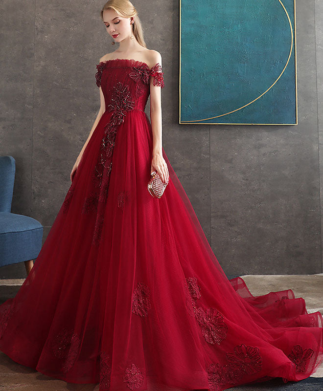 Burgundy Tulle Lace Long Prom Dress Burgundy Tulle Evening Dress