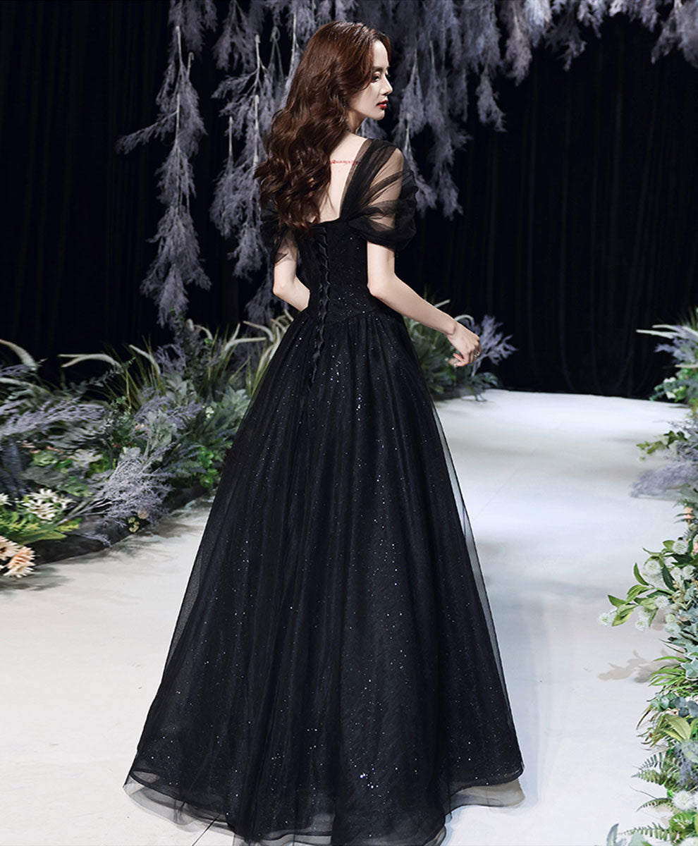 Black Tulle Off Shoulder Long Prom Dress, Black Formal Graduation Dres – shopluu