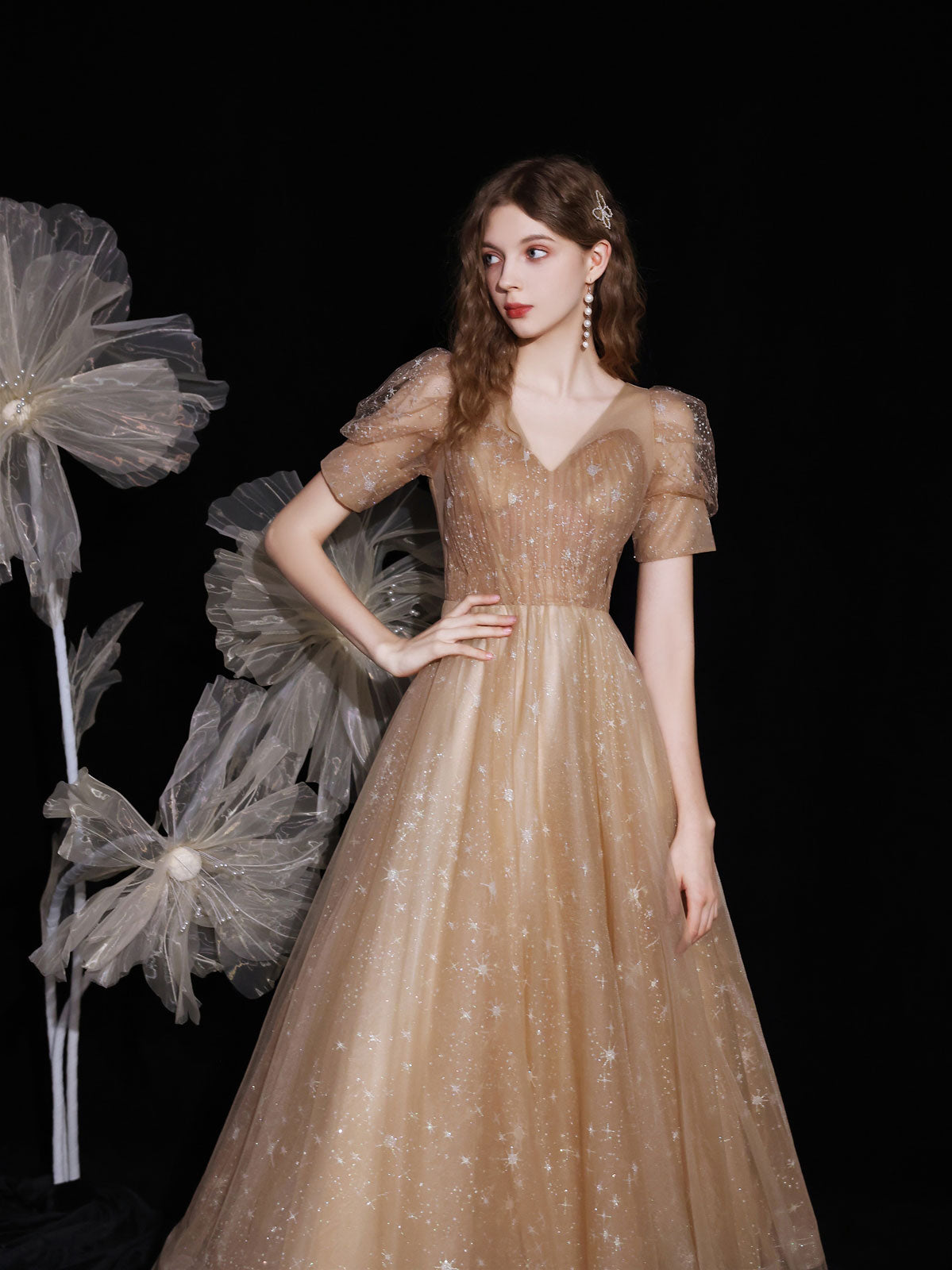 Champagne V Neck Tulle Long Prom Dress, Champagne Evening Dress