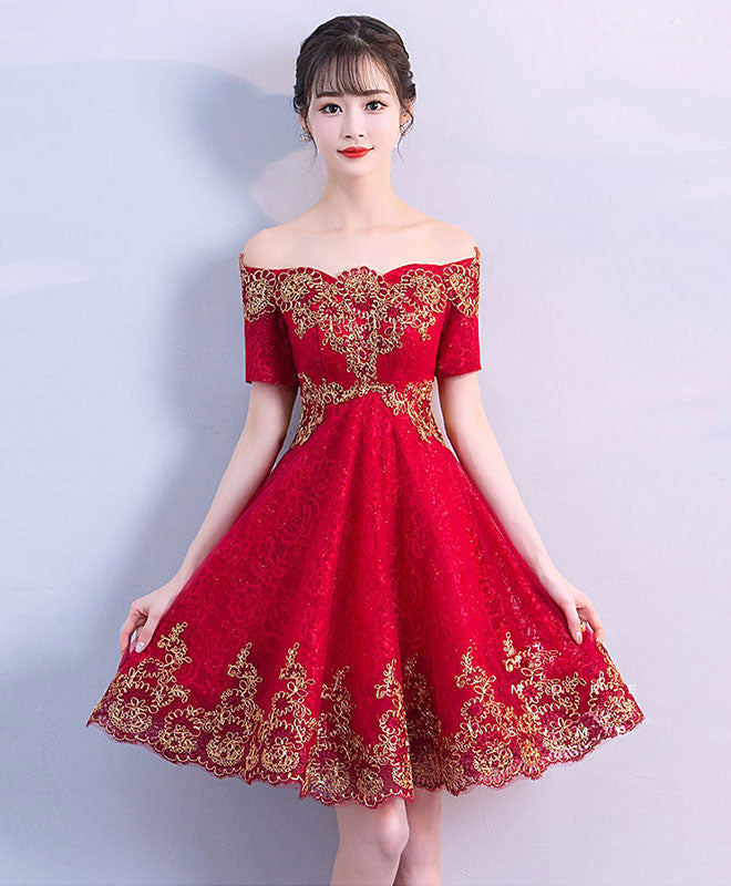 Burgundy Off Shoulder Tulle Lace Short Prom Dress, Burgundy Evening Dress