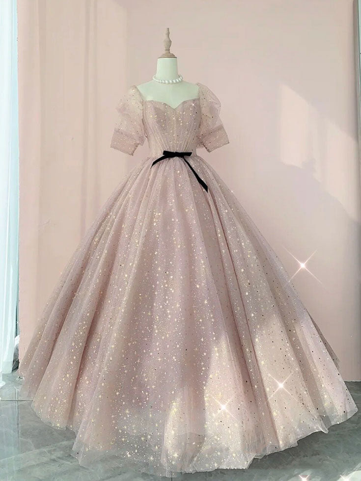 Champagne Tulle Long Prom Dress ,Tulle Lace Evening Dress