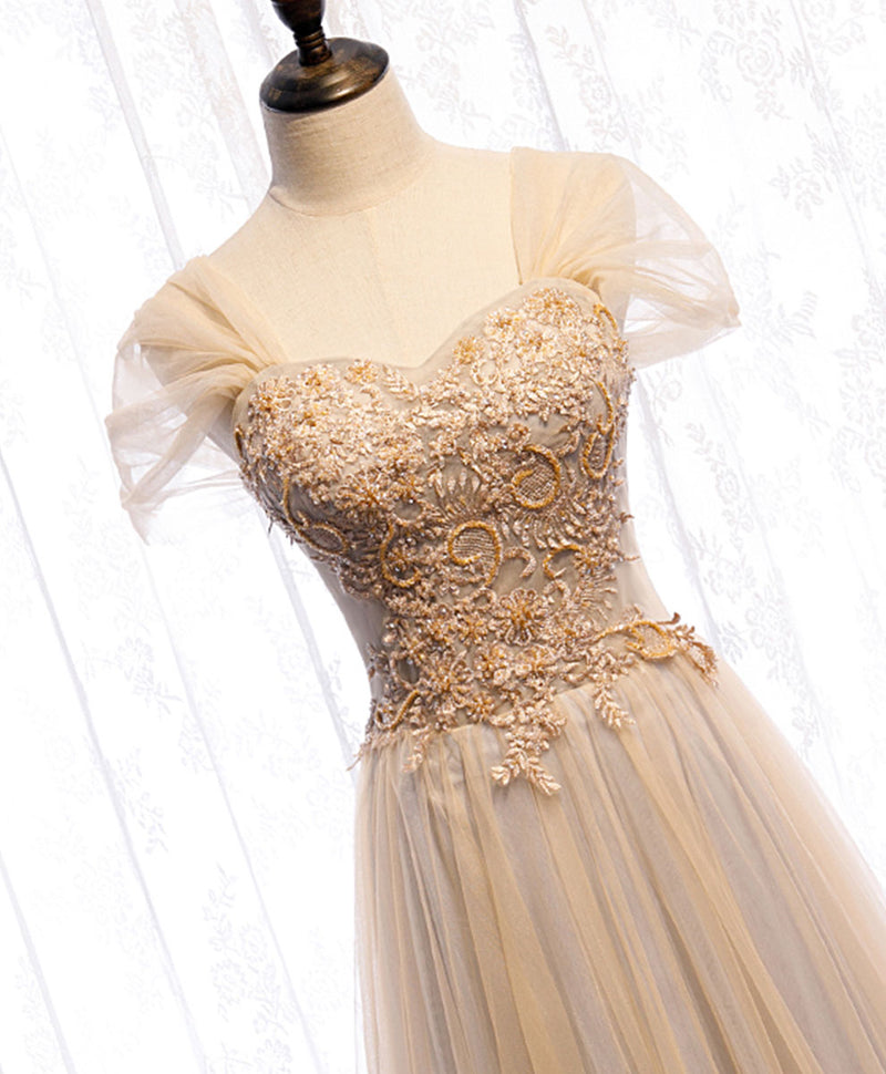 Champagne Sweetheart Tulle Lace Long Prom Dress Champagne Formal Dress