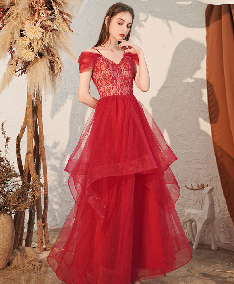 Red V Neck Tulle Ooff Shoulder Long Prom Dress, Red Formal Graduation Dress