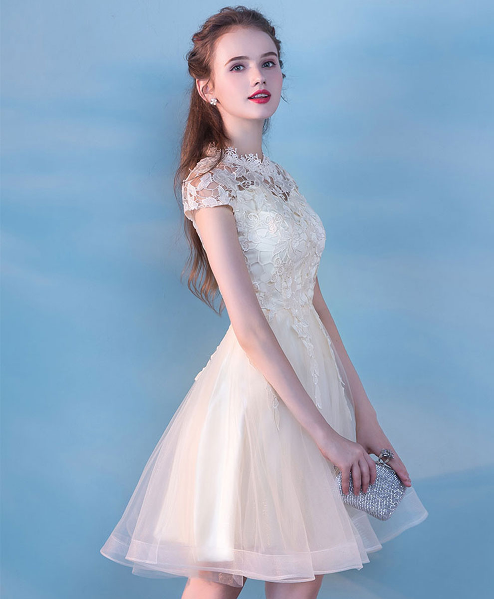 Champagne Tulle Lace Short Prom Dress, Champagne Tulle Homecoming Dress