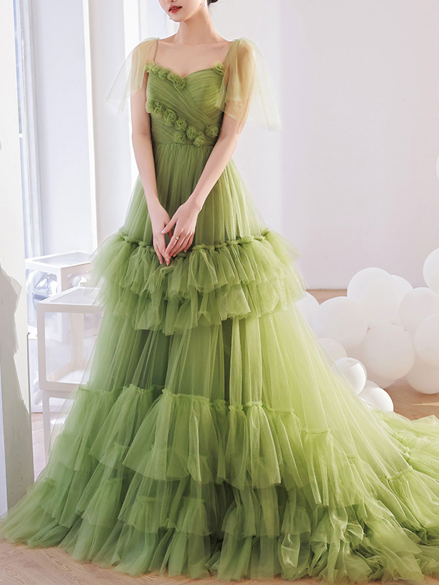 Green V Neck Tulle Long Prom Dress, Green Tulle Formal Dresses