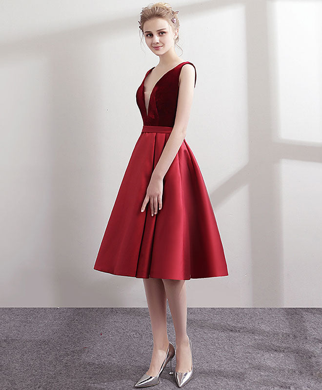 Simple V Neck Burgundy Satin Short Prom Dress, Burgundy Homecoming Dress US 10 / Burgundy Simple V Neck Burgundy Satin Short Prom Dress, Burgundy Homecoming Dress US 10 / Burgundy