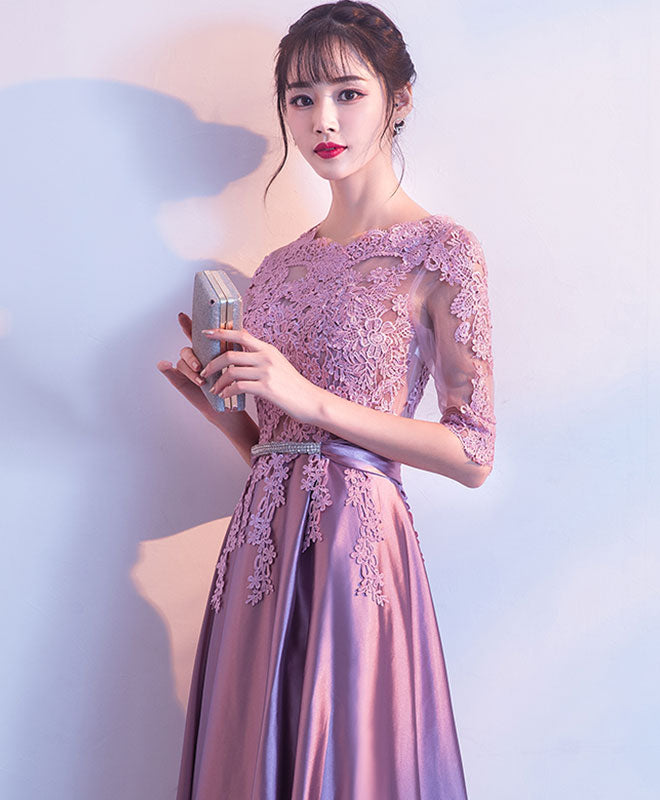 Pink A-Line Lace Long Prom Dress Pink Lace Bridesmaid Dress