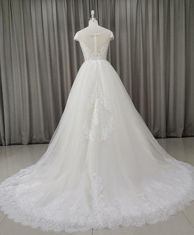 Light Champagne Tulle Lace Long Wedding Dress Lace Bridal Dress