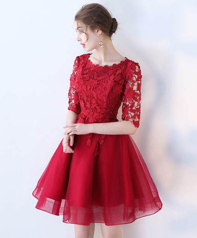 Burgundy Lace Tulle Short Prom Dress, Burgundy Homecoming Dress