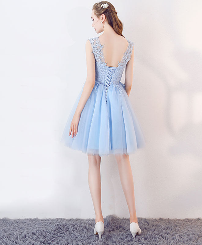 Cute Blue Tulle Lace Short Prom Dress, Blue Homecoming Dress