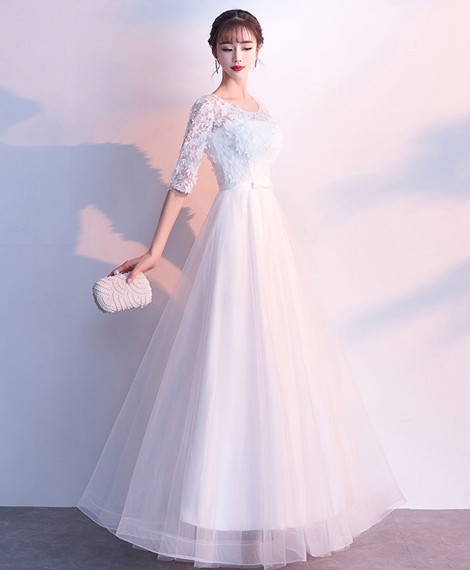 White Tulle Lace Long Prom Dress, White Tulle Lace Evening Dress