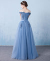 Blue Tulle Lace Off Shoulder Long Prom Dress, Bridesmaid Dress withe Beading