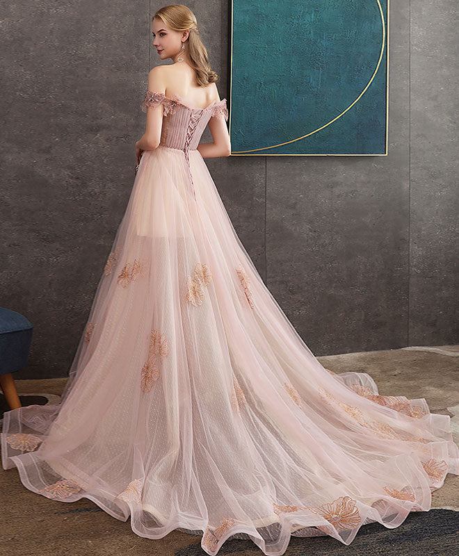 Pink Tulle Lace Long Prom Dress Pink Lace Evening Dress