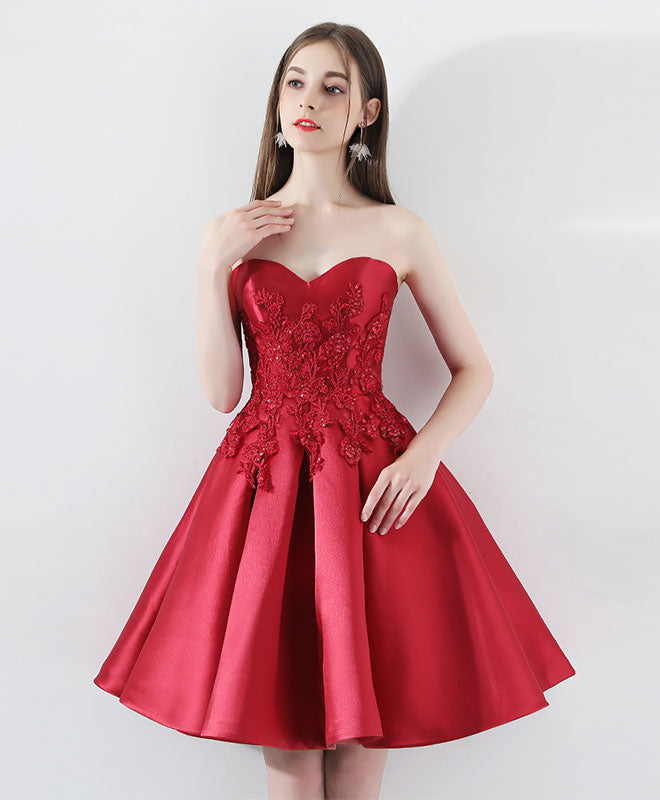 Burgundy Lace Short Prom Dress, Burgundy Homecoming Dress