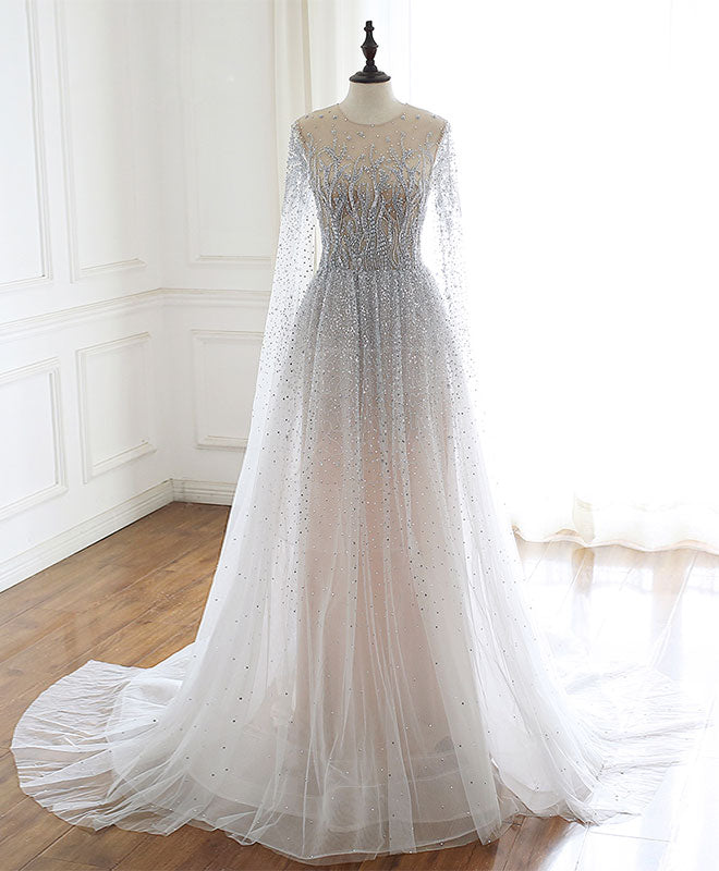A-Line Round Neck Tulle Sequin Beads Long Prom Dress