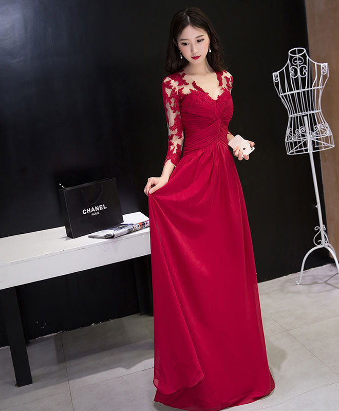 Burgundy Chiffon Lace Long Prom Dress, Bridesmaid Dress