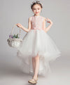 White Round Neck Tulle Lace High Low Prom Dress, Lace Flower Girl Dress