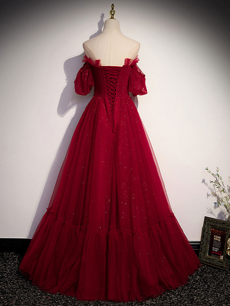 Simple Burgundy Tulle Long Prom Dress, A line Burgundy Evening Dresses