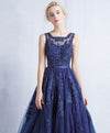 Dark Blue Round Neck Tulle Lace Applique Long Prom Dress