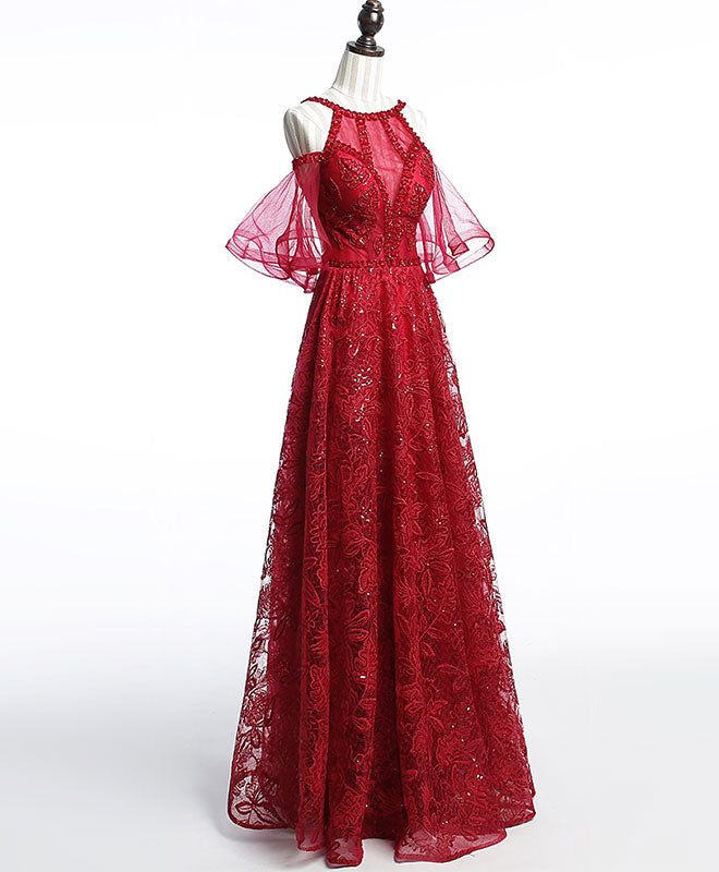 A-Line Off Shoulder Tulle Lace Burgundy Long Prom Dress, Evening Dress
